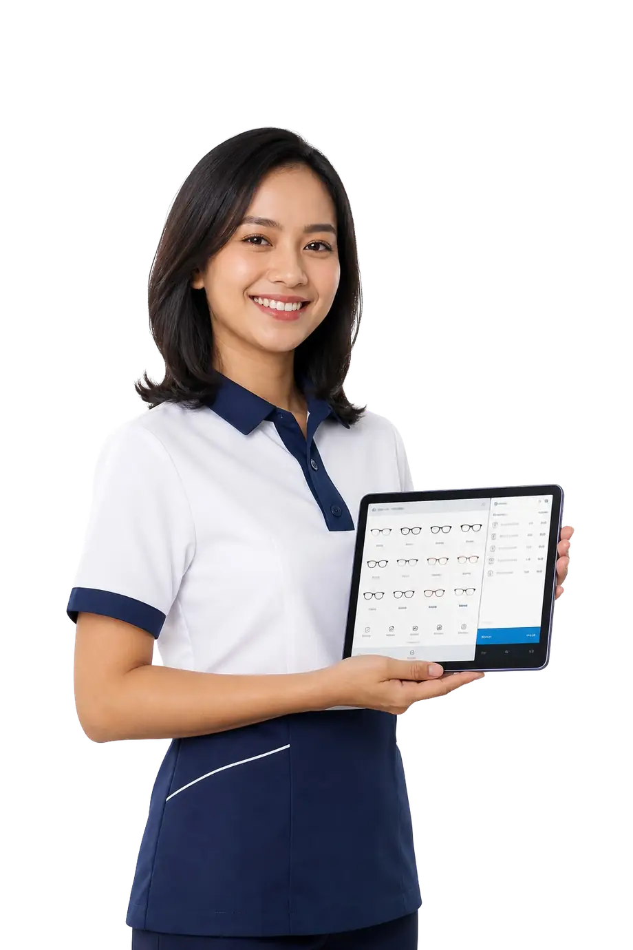 Staf optik memegang tablet berisi layar kasir