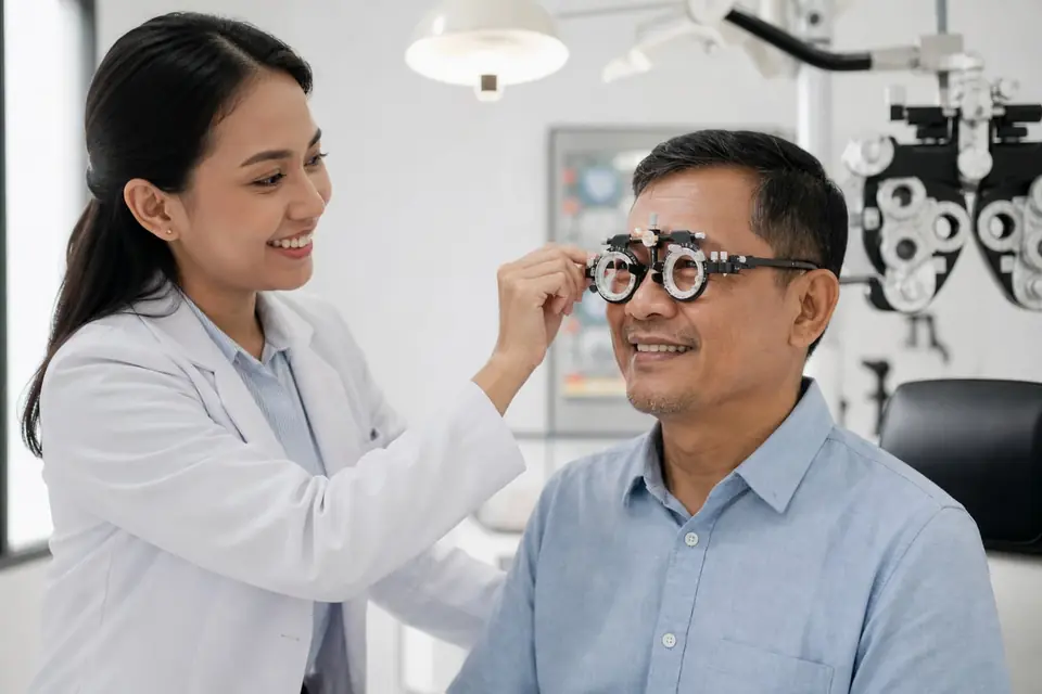 Pemeriksaan refraksi dengan trial frame di ruang periksa optik