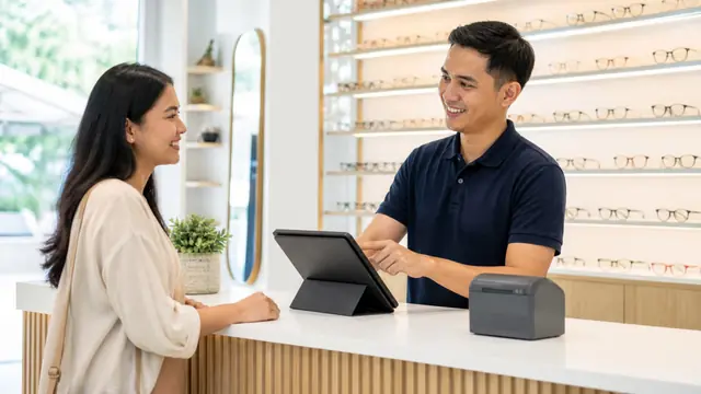 Melayani pelanggan di konter optik, dengan tablet dan printer nota